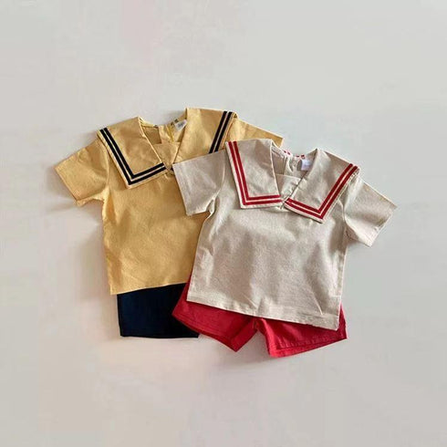 Color Blocking Suit Navy T-shirt Shorts Two Piece Set